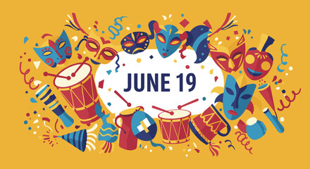 Fototapeta premium JUNE 19. Festive Juneteenth celebration with colorful masks, drums, and confetti. Cultural holiday illustration for emancipation and freedom.
