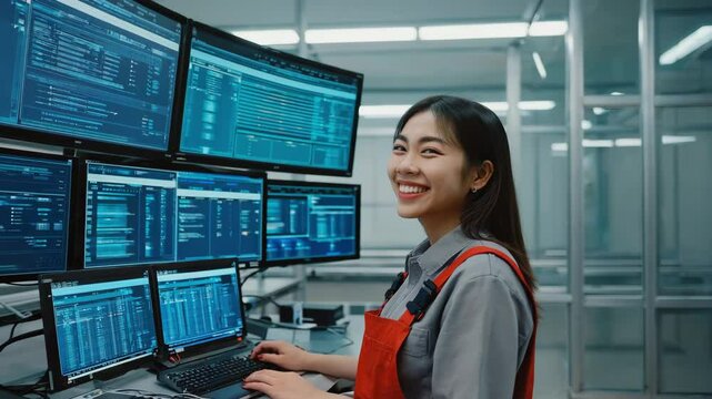 An IT professional looking at the camera smiling while working in data center - Powered by Adobe