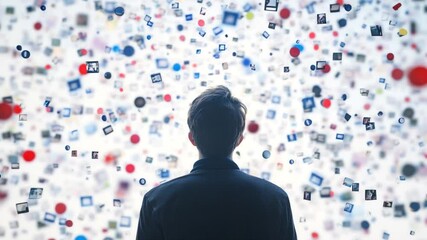 Silhouette of a man looking up at floating images, concept for media overload - Powered by Adobe