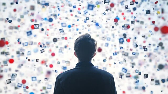 Silhouette of a man looking up at floating images, concept for media overload - Powered by Adobe