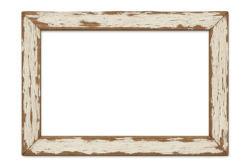 Rustic wooden frame with peeling white paint, creating a vintage or shabby chic look, isolated on transparent background