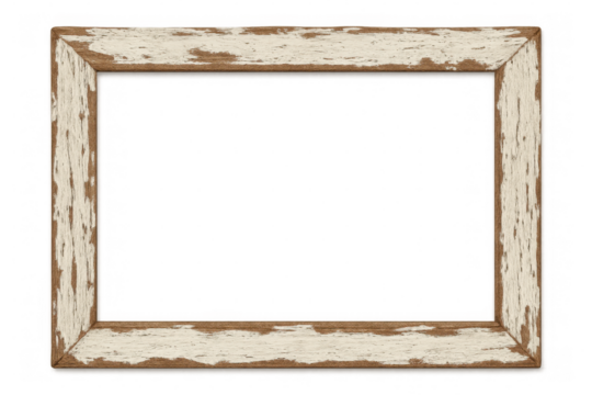 Rustic wooden frame with peeling white paint, creating a vintage or shabby chic look, isolated on transparent background