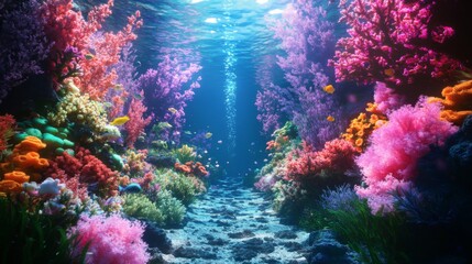 Naklejka premium Vibrant Underwater Coral Reef Scene with Colorful Fish