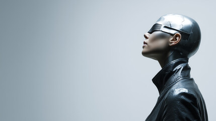Futuristic female cyborg model with metallic skin, side profile, wearing black jacket, modern, emotionless