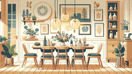 A dining room that is designed to be both elegant and inviting, with a focus on using light and color to create a sense of warmth and coziness 