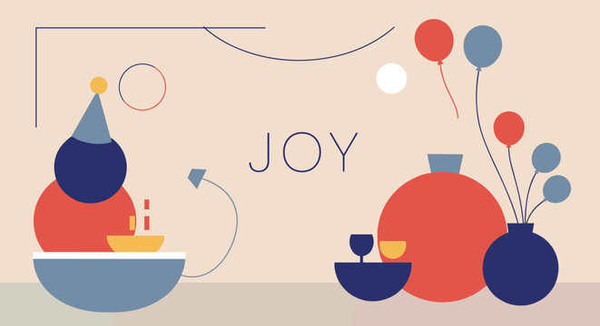 JOY. Abstract geometric illustration of a festive celebration with party elements like cake, balloons, and drinks. Modern minimalist design for happy occasions and greetings. - Powered by Adobe