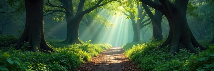Obraz premium Enchanted forest path, dappled sunlight filters through ancient trees, mystical atmosphere, glowing flora, magical vibe , mystery, surreal