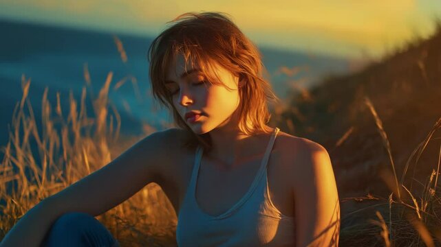 Portrait of Young Woman with Brown Hair in White Top Sitting in a Golden Field During Sunset with Blue Sky and Warm Lighting for Adobe Stock Photo