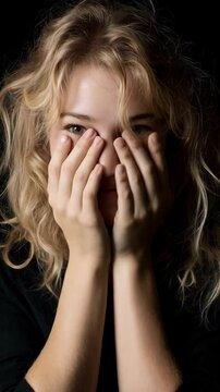 Young woman covering face with hands, emotional distress or privacy concept, portrait on black background