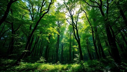 Fototapeta premium Vast emerald canopy, sun-dappled forest floor, image, biodiversity