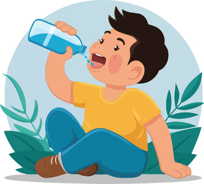 A cheerful cartoon boy drinking fresh water in a healthy lifestyle illustration promoting hydration and wellness for children and family themes