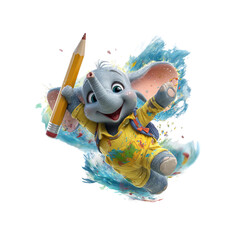 Joyful Cartoon Elephant with Pencil Splashing in Paint