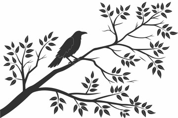 Fototapeta premium Simple, elegant silhouette of a bird perched on a tree branch against a white vector deign background. 