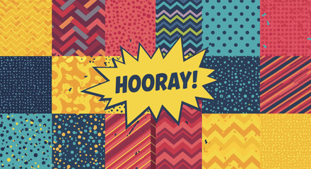 HOORAY! Comic style exclamation in a yellow speech bubble. Colorful retro patterned background with geometric and abstract designs for celebration and positive announcements.