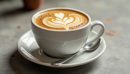 Fototapeta premium Espresso coffee cup with latte art on a saucer on a table 