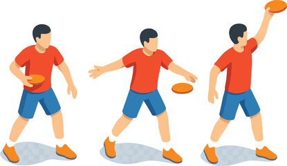Vector illustration of a boy throwing a frisbee in three stages, representing active movement and sports instruction concept.