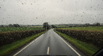 Rainy Country Road Seen Through a Car Windshield