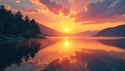 Obraz premium Serene sunrise over a tranquil lake reflecting the spiritual glow, conveying peace and inner reflection , heavenly, mindfulness, tranquility