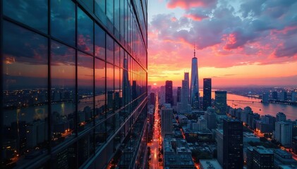 Sleek modern metropolis office building reflecting the city skyline at sunset Glass facade, urban landscape, architectural detail, nighttime cityscape , concrete, design, commercial