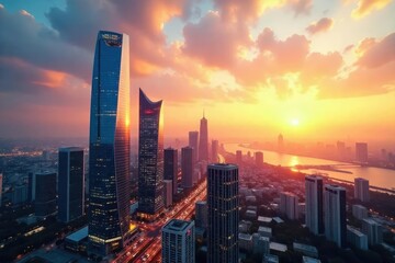 Sleek modern skyscraper office buildings dominate the city skyline, reflecting the sun's rays in a breathtaking display of architectural prowess and urban development , urban, power
