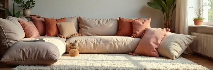 Soft, plush cushions scattered on a cozy living room floor, creating a comfortable and inviting domestic scene Perfect for relaxation and unwinding after a long day , relaxed, pillows