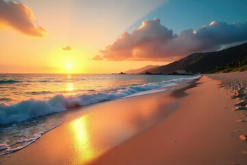 Stunning panoramic view of a tranquil beach at sunset, with soft golden light illuminating the sand and waves Perfect for travel, vacation, and summer themes , summer, vacation