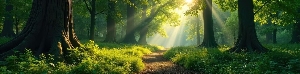 Sun-dappled forest floor, lush green undergrowth, ancient trees reaching for the sky, serene wilderness scene Perfect for nature, travel, and environmental themes , scenery, nature
