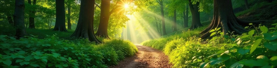 Sun-dappled forest path meandering through lush greenery, sunlight filtering through leaves, creating a magical atmosphere Perfect for nature, travel, and fantasy themes , fall, dappled, ecosystem