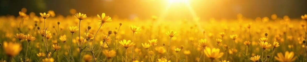 Sun-drenched saffron-colored field of wildflowers bathed in golden light, radiating serenity and spiritual energy A peaceful landscape evocative of holiness , heaven, beauty