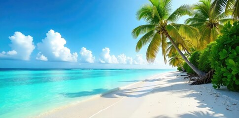 Sun-drenched white sand beach in the Maldives, turquoise water laps gently at the shore, palm trees sway in the breeze, creating a tropical paradise scene , breathtaking, holiday