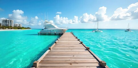 Sun-drenched Miami Beach dock extending over turquoise water, boats gently bobbing, perfect for a relaxing getaway Luxury, waterfront property, tropical paradise, vacation vibes , marina, vacation