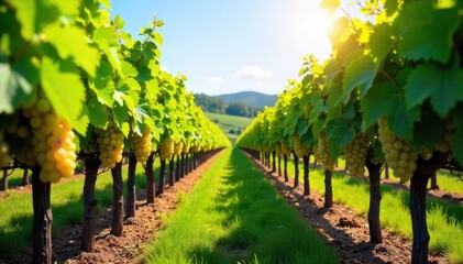 Sunlight dapples rows of lush, green grape vines heavy with ripening fruit, promising a bountiful harvest at a picturesque winery vineyard , fruit, agricultural