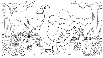 Obraz premium duck cartoon outline for coloring page, vector line art black and white illustration, white background 