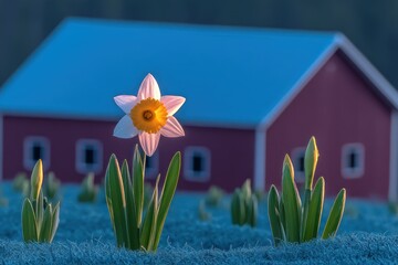 Daffodil in front of a small red barn