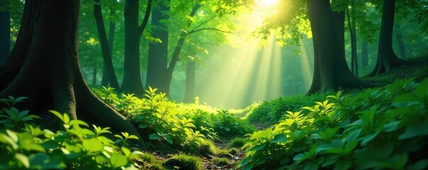 Sunlight filters through a dense forest, illuminating emerald leaves and creating a mesmerizing, ethereal glow on the forest floor, captured with a dreamy, soft focus , highlight, deep forest