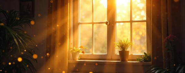 Sunlight streams through a window, illuminating dust motes dancing in the air, creating a joyful, light-hearted atmosphere Perfect for themes of happiness, optimism, and carefree joy , gentle, shine