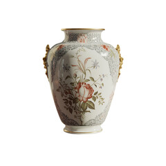 A beautiful antique vase adorned with delicate floral patterns stands on transparent background