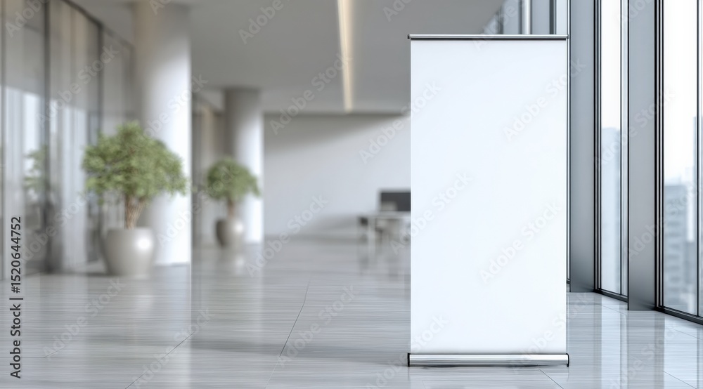 Poster white roll up banner positioned in a bright, blurred office lobby, surrounded by large windows and l