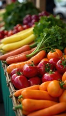 Vibrant display of fresh, colorful vegetarian produce at a farmer's market, ready for sale Perfect for healthy eating, vegan, and vegetarian lifestyle blogs and websites , tasty, fruits, cooking