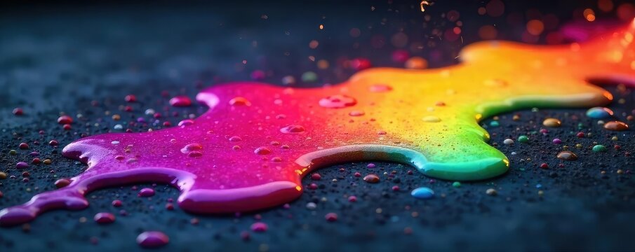 Vibrant rainbow-hued fuel spills across a dark surface, creating an abstract, almost artistic pattern The glossy texture contrasts beautifully with the deep background , spectrum, abstract art