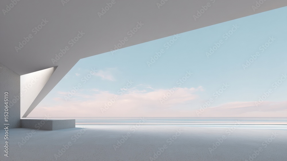 Aufkleber Modern architecture blending with nature, featuring a white structure opening to a serene ocean vista under a pastel colored sky