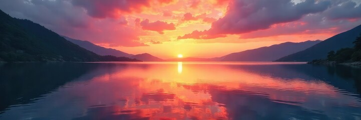 Vibrant sunrise over a tranquil lake, reflecting the peaceful colors of wellbeing and serenity Perfect for wellness, mindfulness, and healthy lifestyle concepts , inner peace, sky
