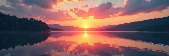 Vibrant sunrise over a tranquil lake reflecting the peaceful morning sky Perfect for wellness, serenity, and nature themes , natural beauty, beauty