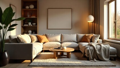 Warm, inviting light illuminates a cozy living room, highlighting textured furniture and soft throws Perfect for interior design, home decor, and ambiance themes , texture, space, soft light