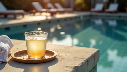 Drink resting on wooden tray by poolside in sunny atmosphere  