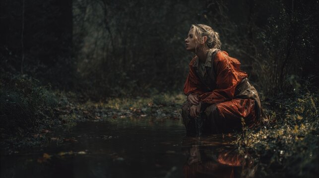 A drenched person in colorful attire crouches by a stream amidst a forest, seeking respite from an unknown journey or situation.