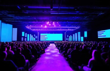 Large group of professionals attending presentation in modern conference hall with blue and purple lighting and led screen displaying logo
