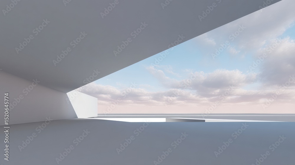 Aufkleber Minimalist white architectural open space overlooking a cloudy sky, featuring a triangular structure casting long shadows