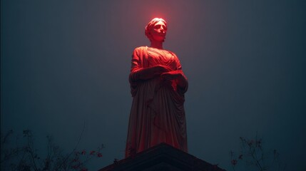 Sculpture stands tall against a dark sky, bathed in a mysterious red glow, creating an eerie and captivating visual effect.
