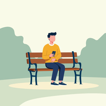 A male is relaxing on park bench with smartphone on the calm color background